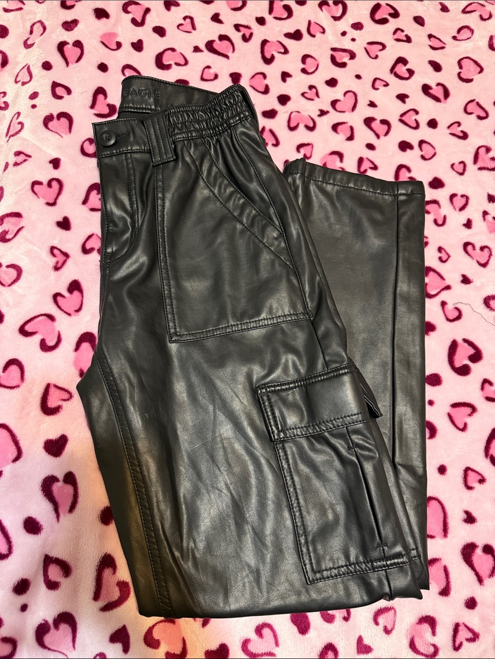 American Eagle Black Faux Leather Cargo Pants - Classic Utility Style